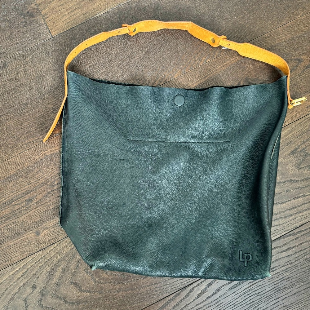 Linea Pelle Black Soft Leather Hobo Bag w/natural leather strap